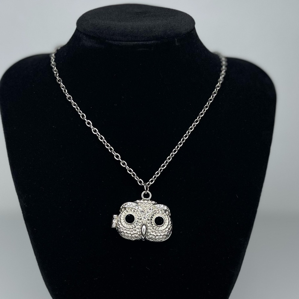 Silver Toned Owl Locket Magnetic Cage Pendant 15” Necklace Boho Chic